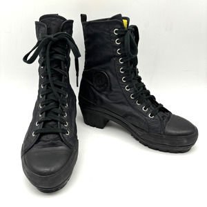 Vintage 1990s DKNY Black Nylon Lace Up Cotton Lined Block Heel Combat Boot 7